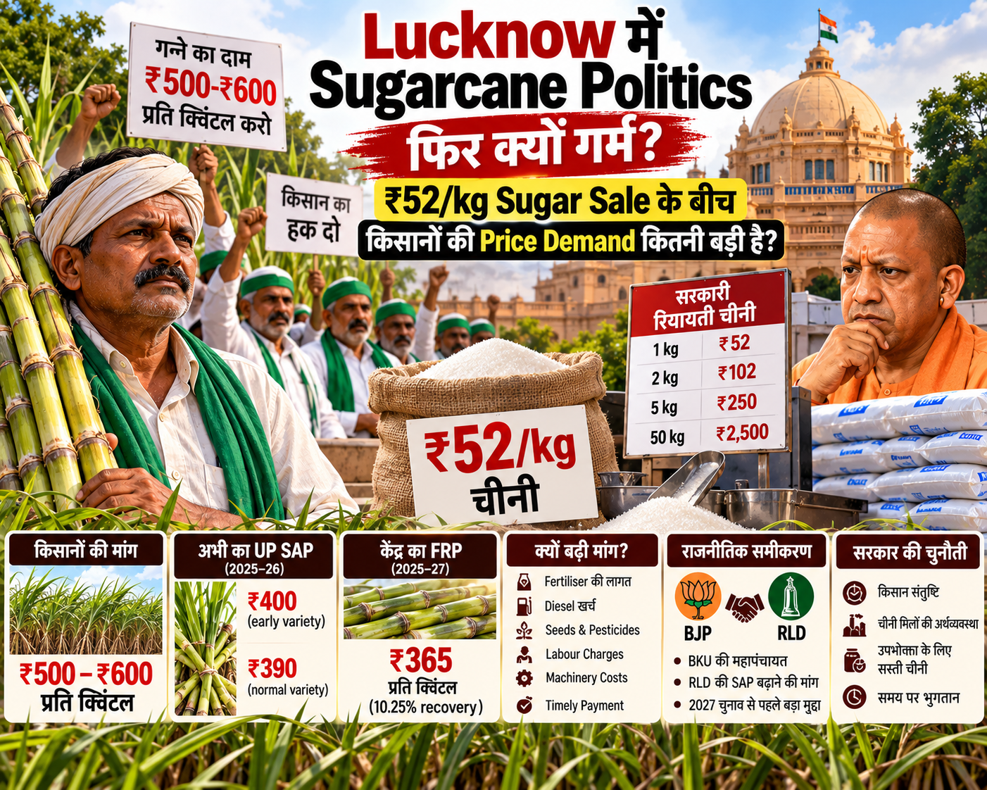 UP Sugarcane Politics: ₹52 Sugar Sale के बीच Farmers की SAP Demand